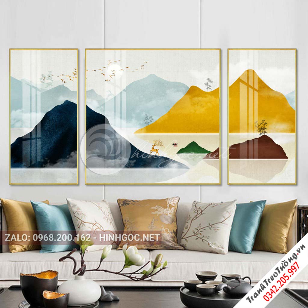 Tranh bộ 3 bức ghép dãy núi vàng trùng điệp và cây-PLT-S-1042