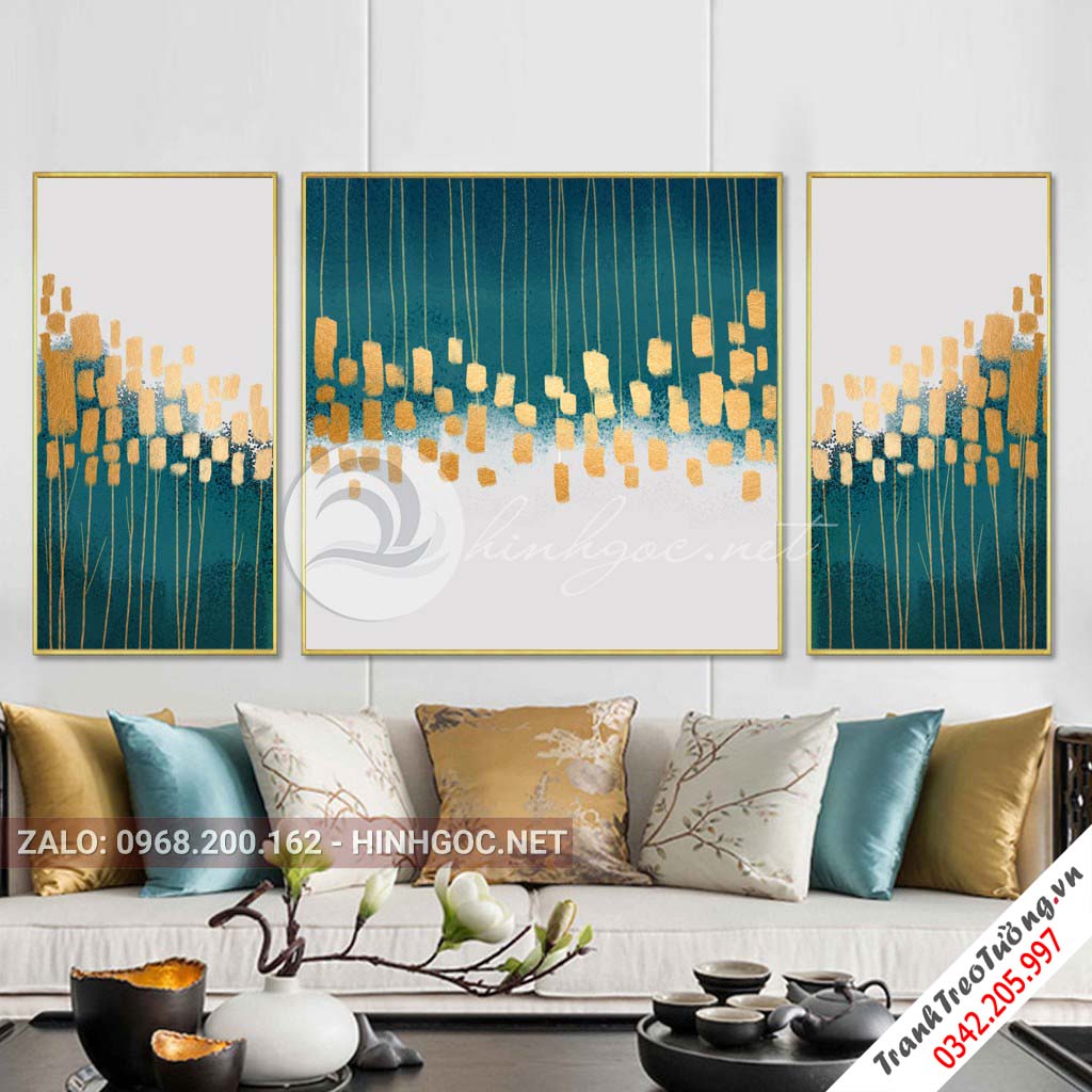 Tranh bộ 3 bức cây màu vàng, trừu tượng-PLT-S-1046