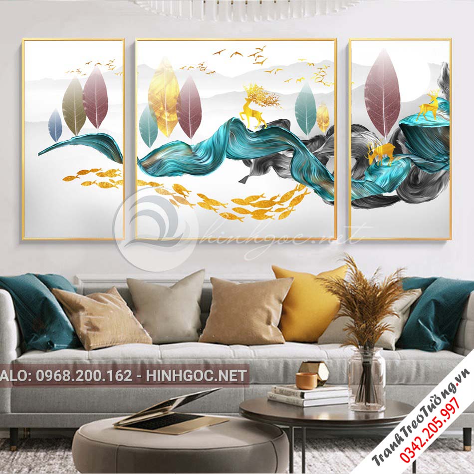 Tranh bộ 3 bức hươu đứng trên dải vân, đàn cá nghệ thuật-PLT-S-1050