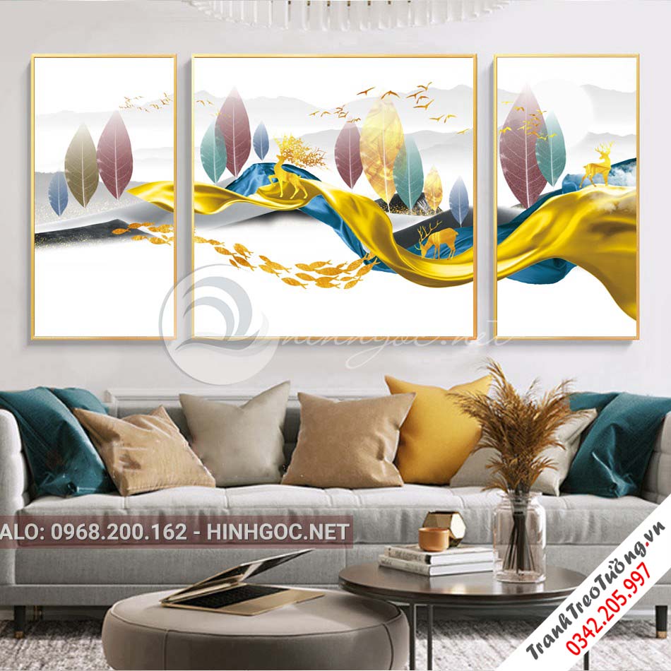 Tranh bộ 4 bức hươu đứng trên lá, đàn cá nghệ thuật-PLT-S-1051