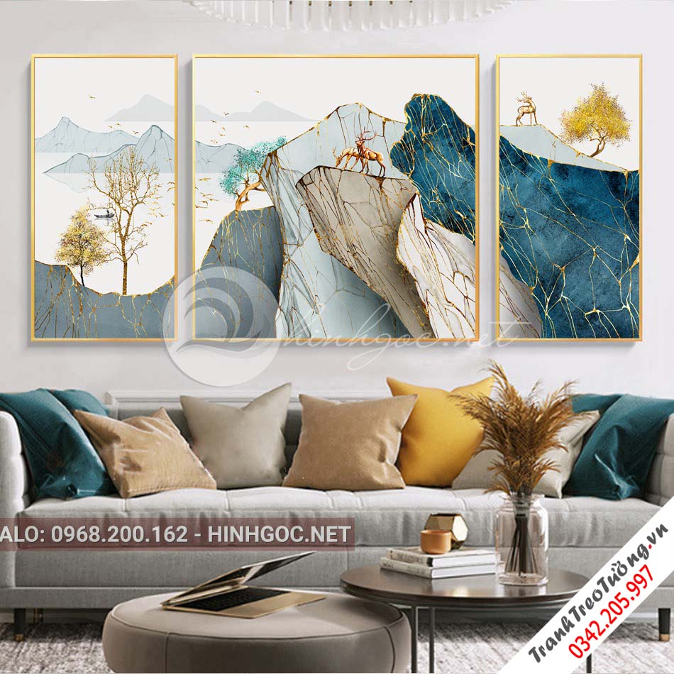 Tranh bộ 3 bức hươu đứng trên dải vân, cây trừu tượng-PLT-S-1053