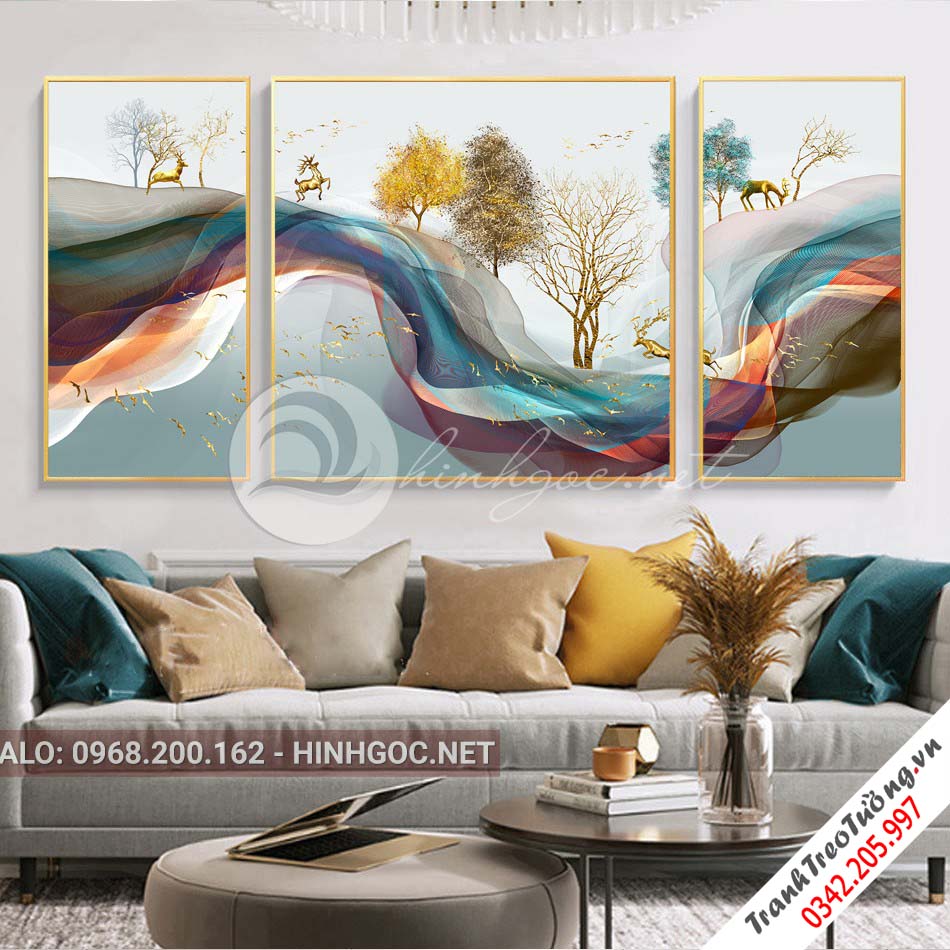 Tranh bộ 3 bức hươu đứng trên dải vân, cây trừu tượng-PLT-S-1054