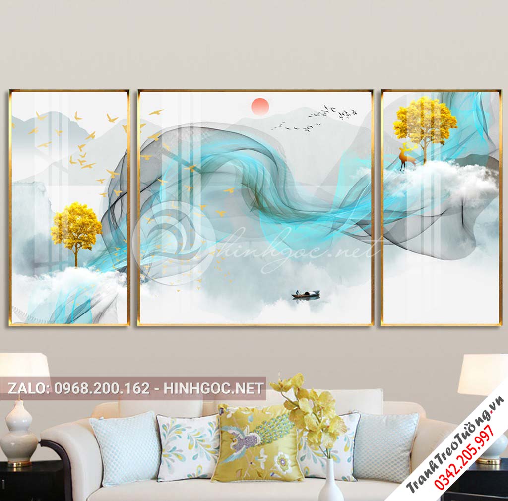 Tranh bộ 3 bức hươu đứng trên dải vân, cây trừu tượng-PLT-S-1055