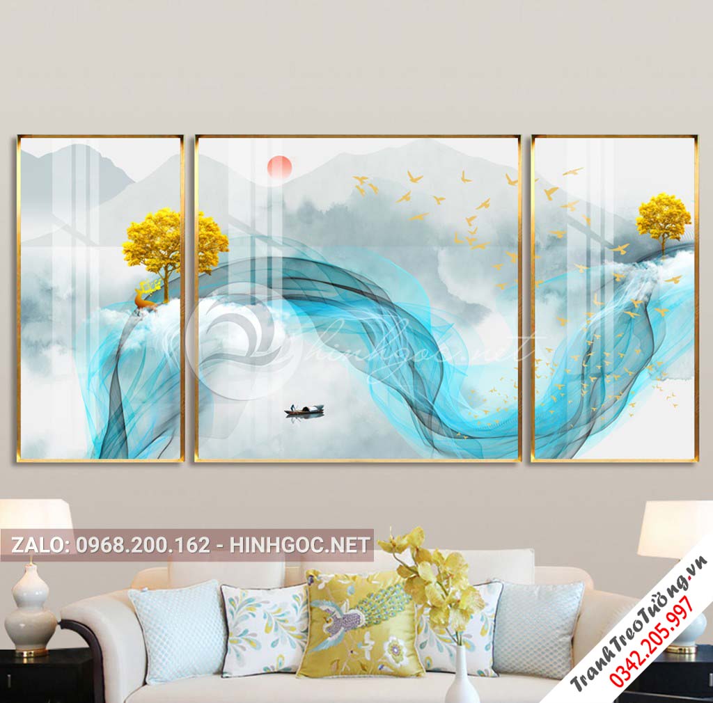 Tranh bộ 3 bức hươu đứng trên dải vân, cây trừu tượng-PLT-S-1056