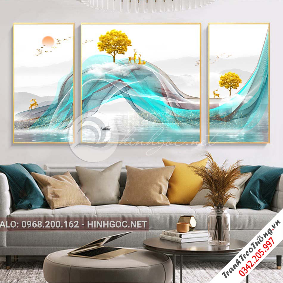 Tranh bộ 3 bức hươu đứng trên dải vân, cây trừu tượng-PLT-S-1057