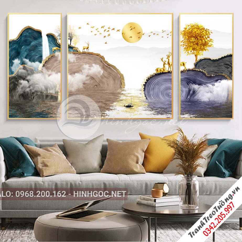 Tranh bộ 3 bức hươu đứng trên núi, cây trừu tượng-PLT-S-1061