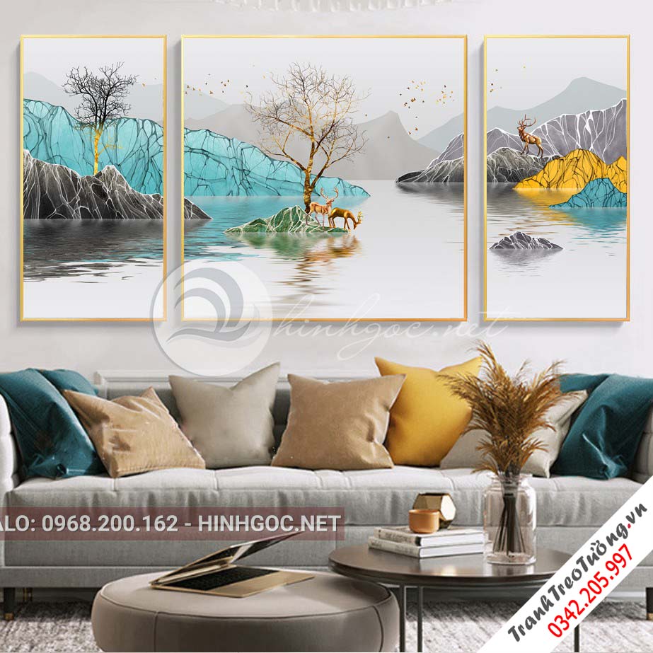 Tranh bộ 3 bức hươu đứng trên núi, cây trừu tượng-PLT-S-1062