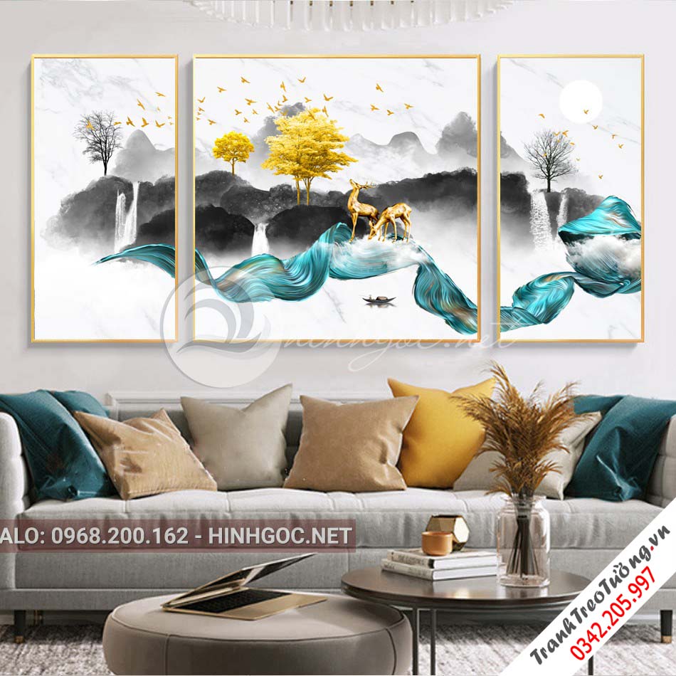 Tranh bộ 3 bức hươu đứng trên dải vân, nui, cây trừu tượng-PLT-S-1063