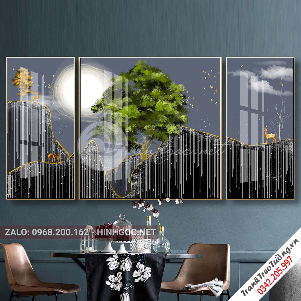 Tranh bộ 3 bức hươu cây xanh và dãy núi trừu tượng-PLT-S-1064