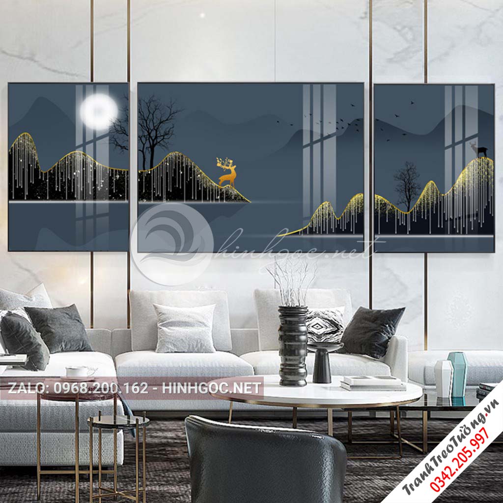 Tranh bộ 3 bức hươu đứng trên núi, cây trừu tượng-PLT-S-1066