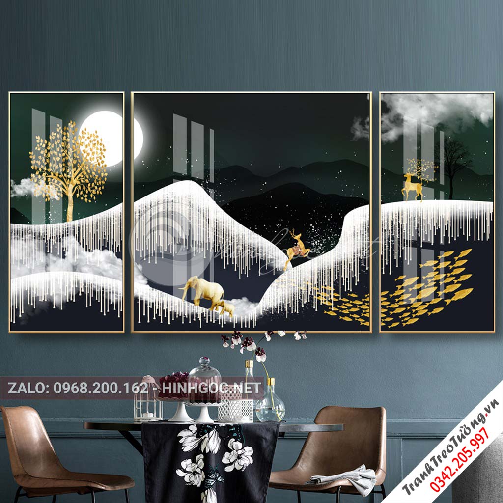 Tranh bộ 3 bức hươu đứng trên núi, cây trừu tượng-PLT-S-1067