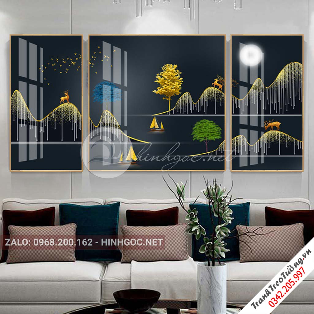 Tranh bộ 3 bức hươu đứng trên núi, cây trừu tượng-PLT-S-1068