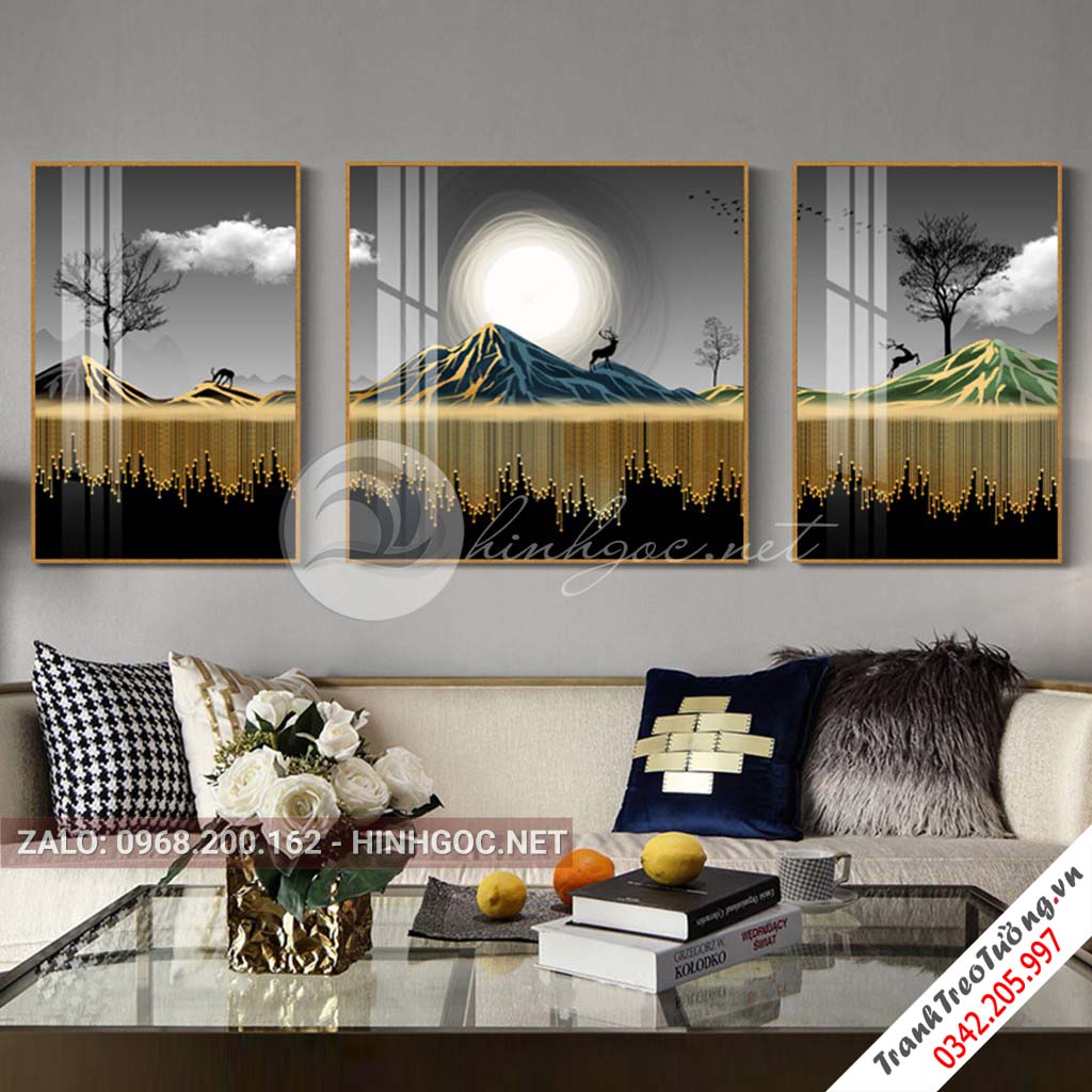 Tranh bộ 3 bức hươu đứng trên núi, cây trừu tượng-PLT-S-1069