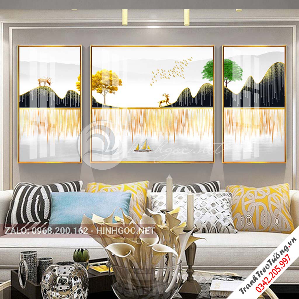 Tranh bộ 3 bức hươu đứng trên núi, cây trừu tượng-PLT-S-1070