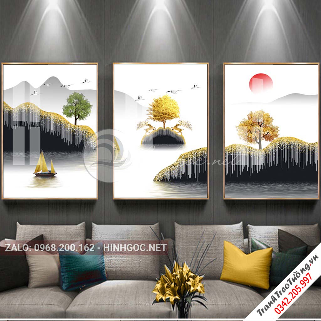 Tranh bộ 3 bức hươu đứng trên núi, cây trừu tượng-PLT-S-1071