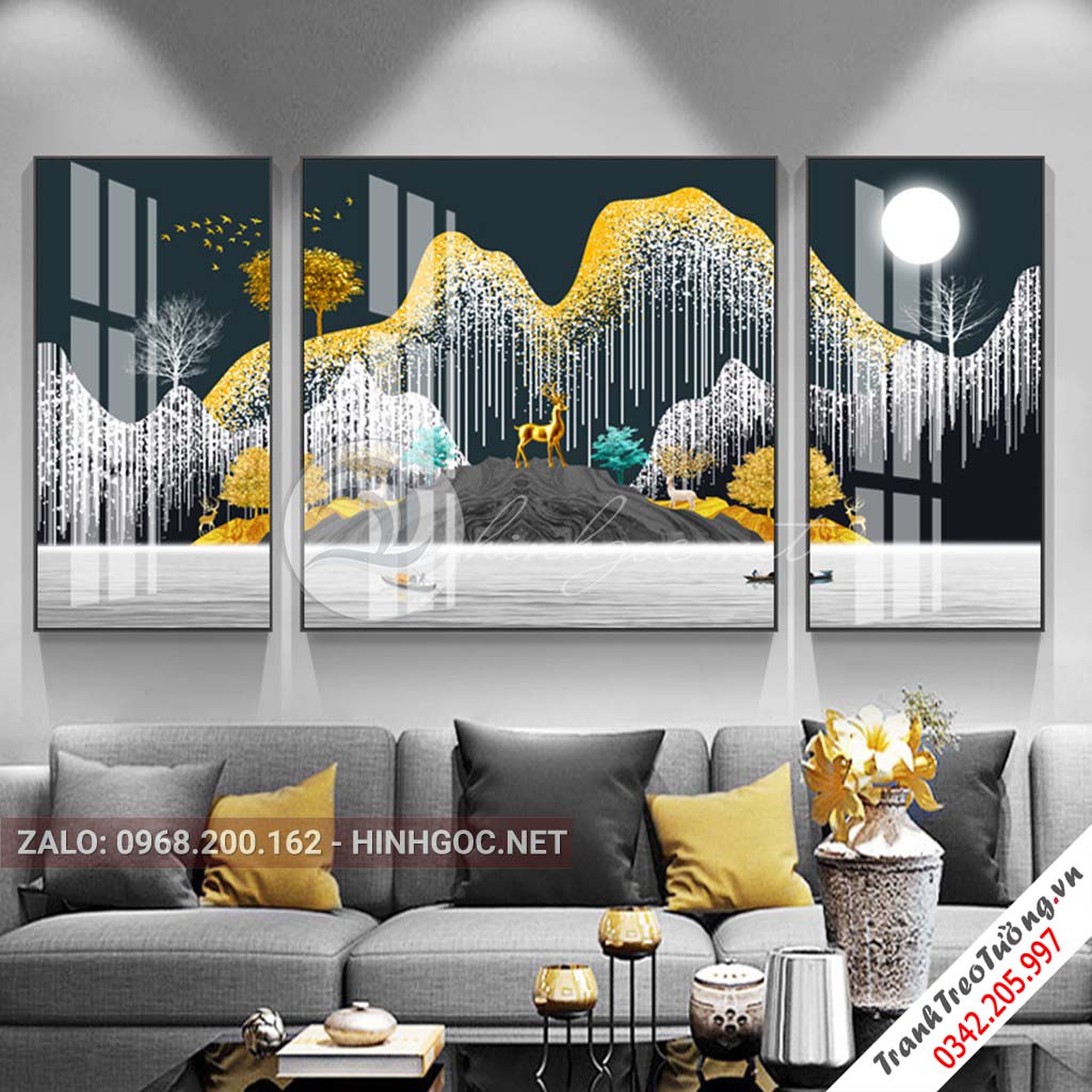 Tranh bộ 3 bức hươu đứng trên núi, cây trừu tượng-PLT-S-1072