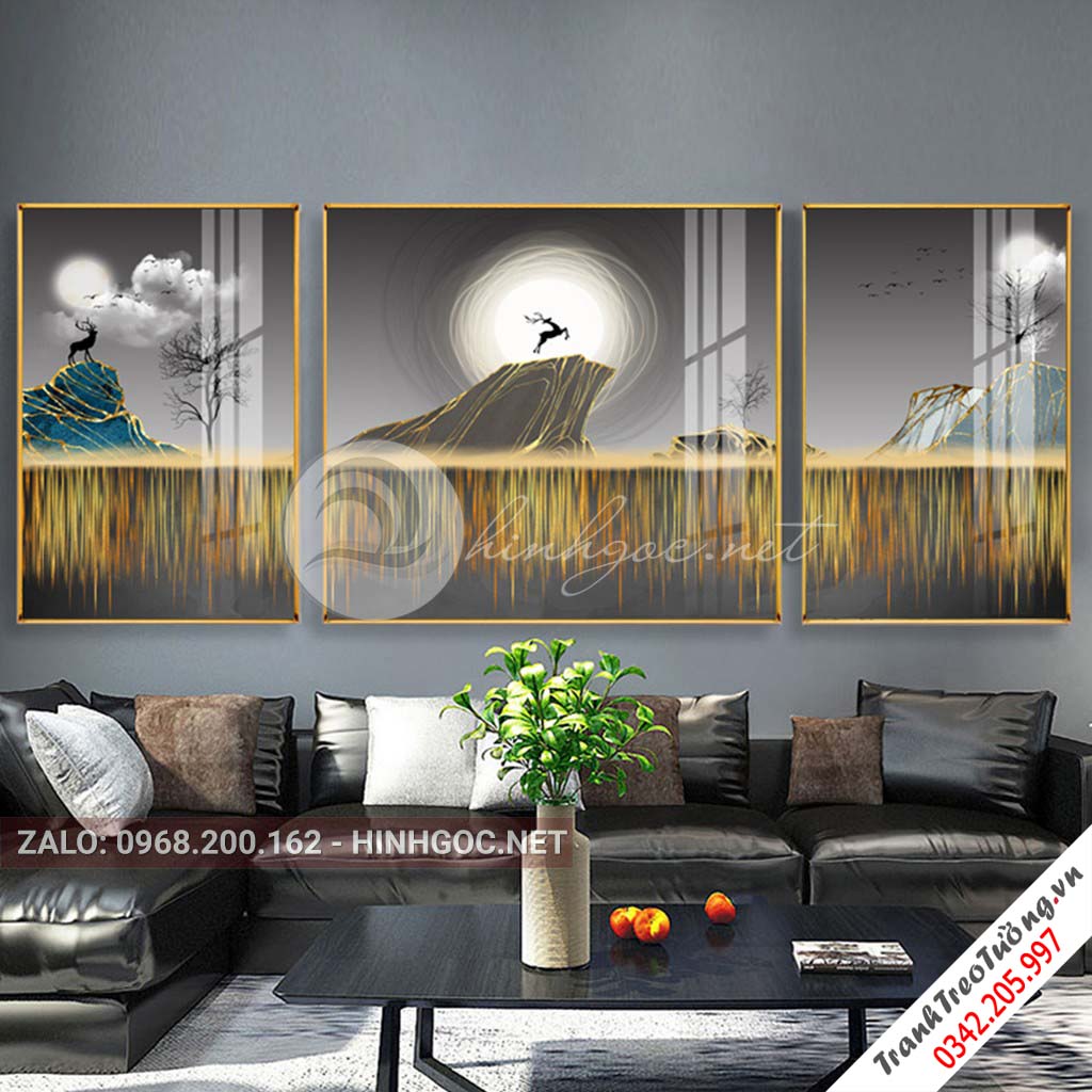Tranh bộ 3 bức hươu đứng trên núi, cây trừu tượng-PLT-S-1074