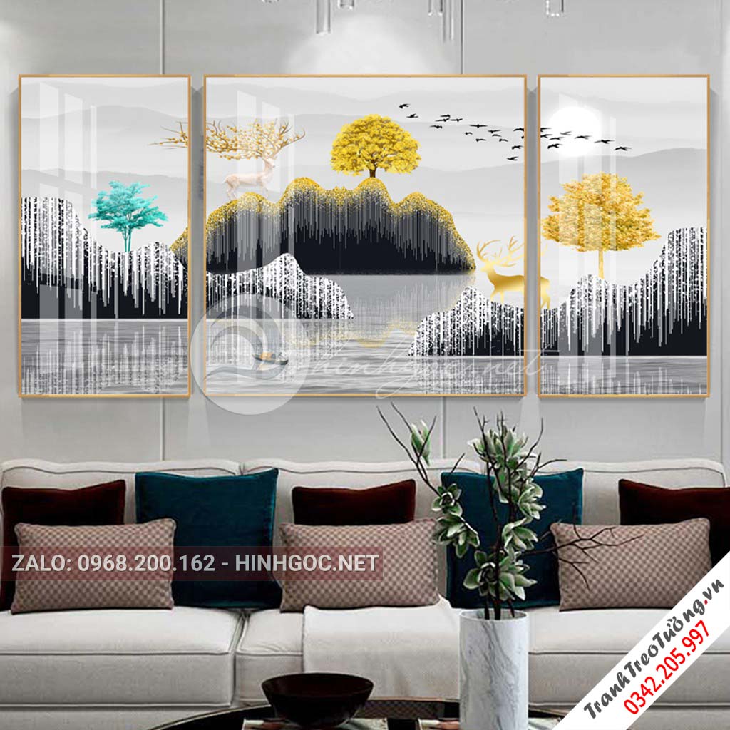 Tranh bộ 3 bức hươu đứng trên núi, cây trừu tượng-PLT-S-1076