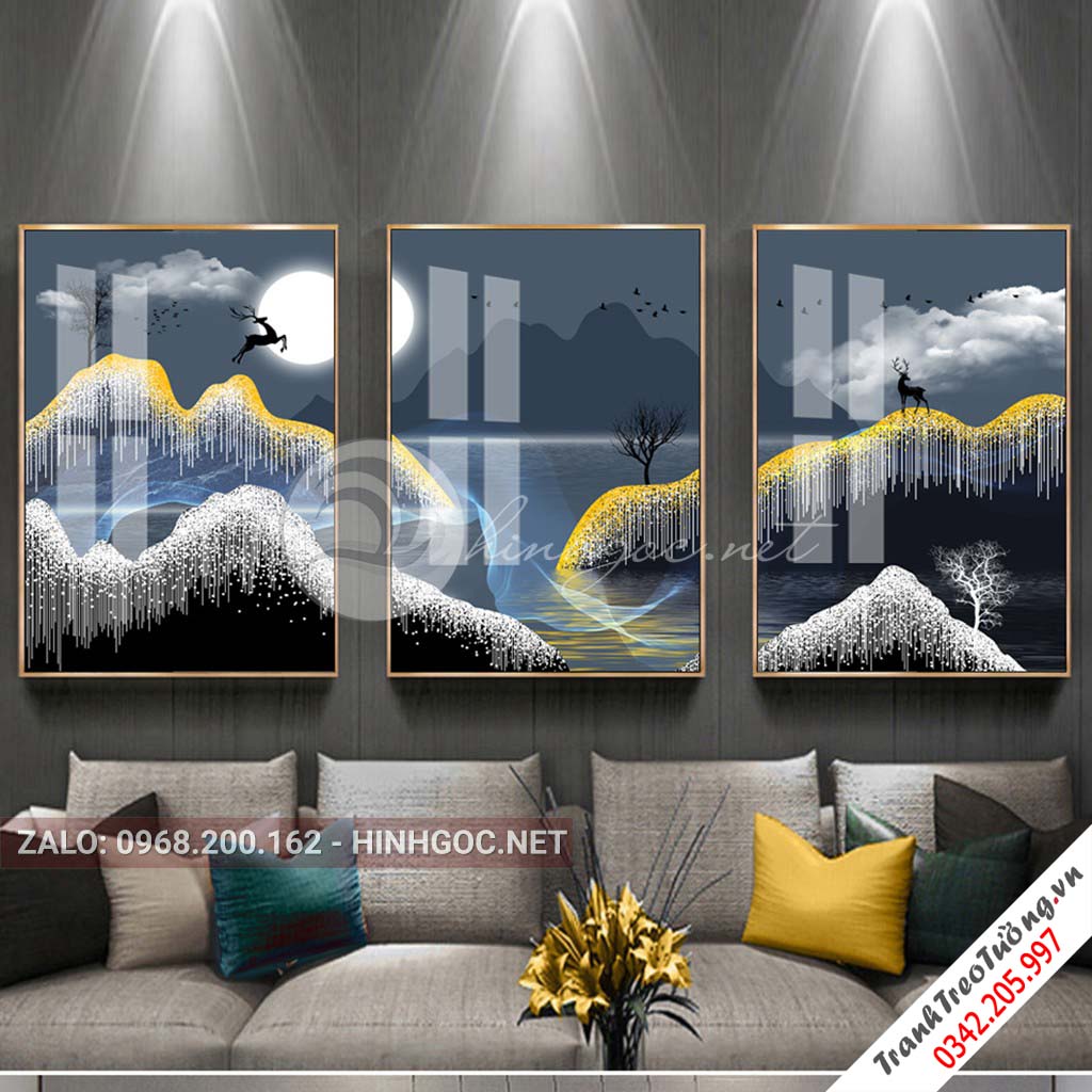 Tranh bộ 3 bức hươu đứng trên núi, cây trừu tượng-PLT-S-1077