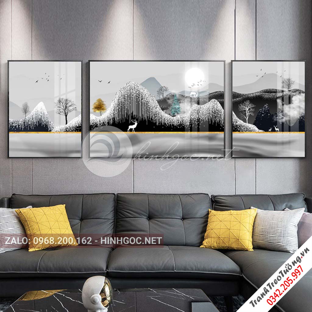 Tranh bộ 3 bức hươu đứng trên núi, cây trừu tượng-PLT-S-1078