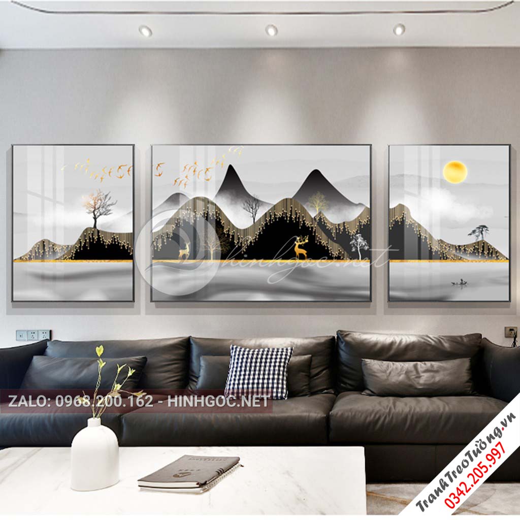 Tranh bộ 3 bức hươu đứng trên núi, cây trừu tượng-PLT-S-1079