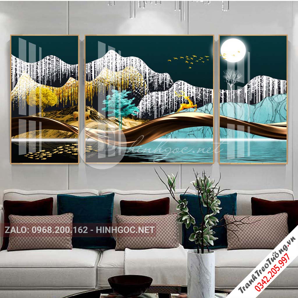 Tranh bộ 3 bức hươu đứng trên dải vân, núi, cây trừu tượng-PLT-S-1081