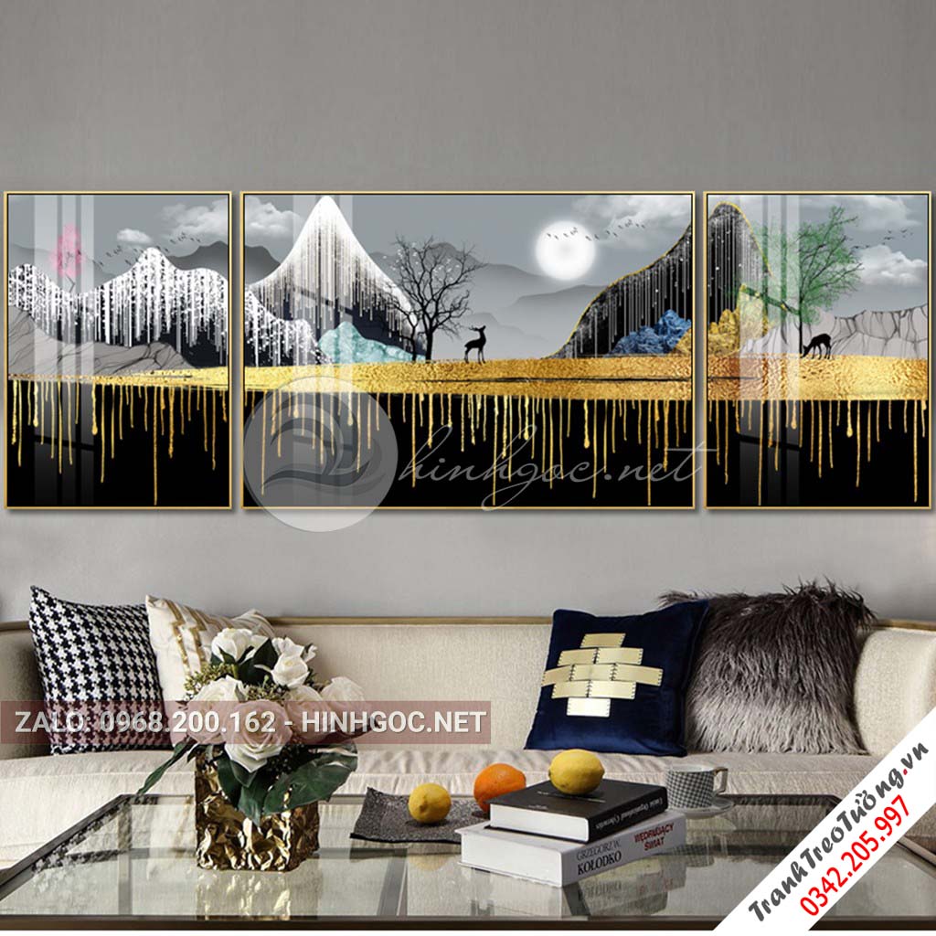 Tranh bộ 3 bức hươu đứng trên dải vân, núi, cây trừu tượng-PLT-S-1083