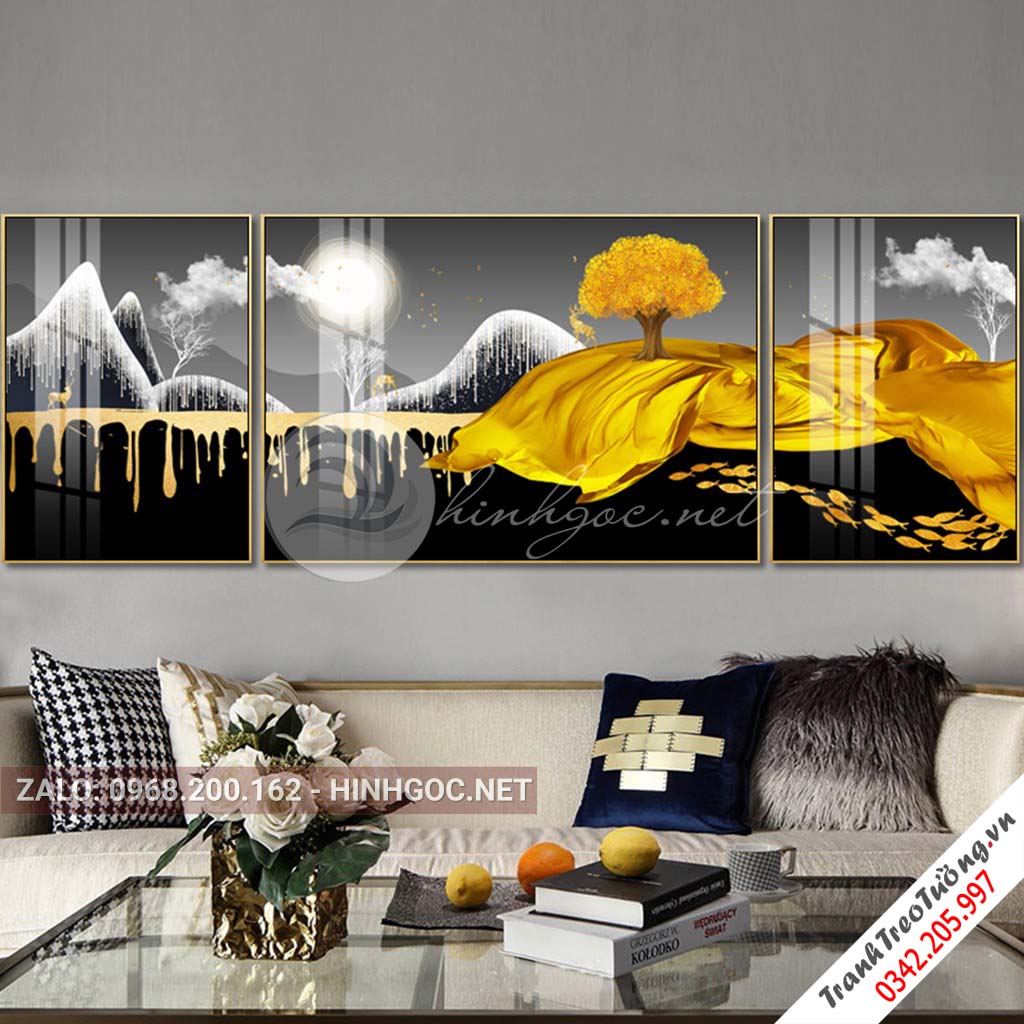 Tranh bộ 3 bức hươu đứng trên dải vân, núi, cây trừu tượng-PLT-S-1084