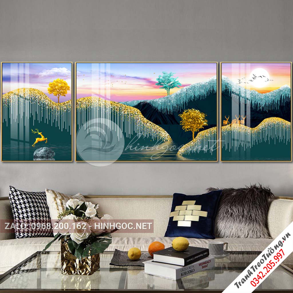 Tranh bộ 3 bức hươu đứng trên dải vân, núi, cây trừu tượng-PLT-S-1086