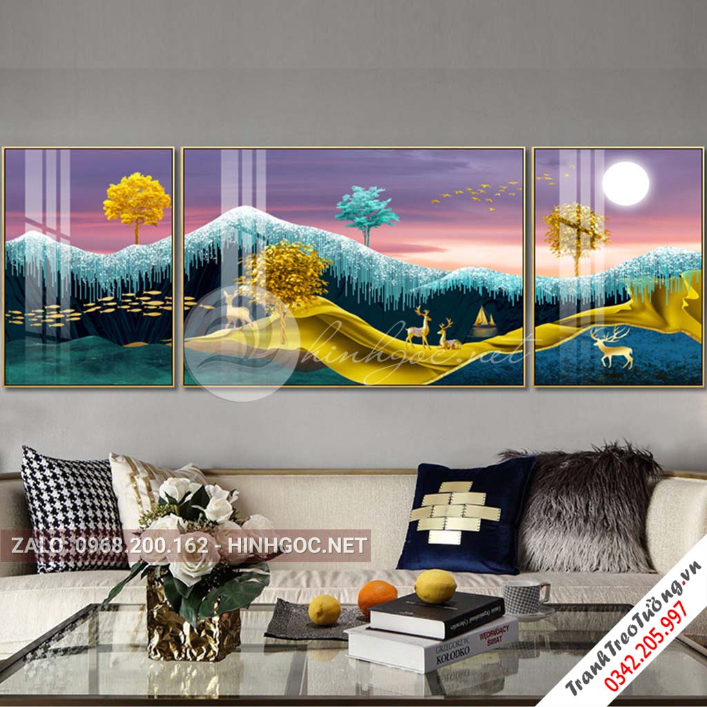 Tranh bộ 3 bức hươu đứng trên dải vân, núi, cây trừu tượng-PLT-S-1087