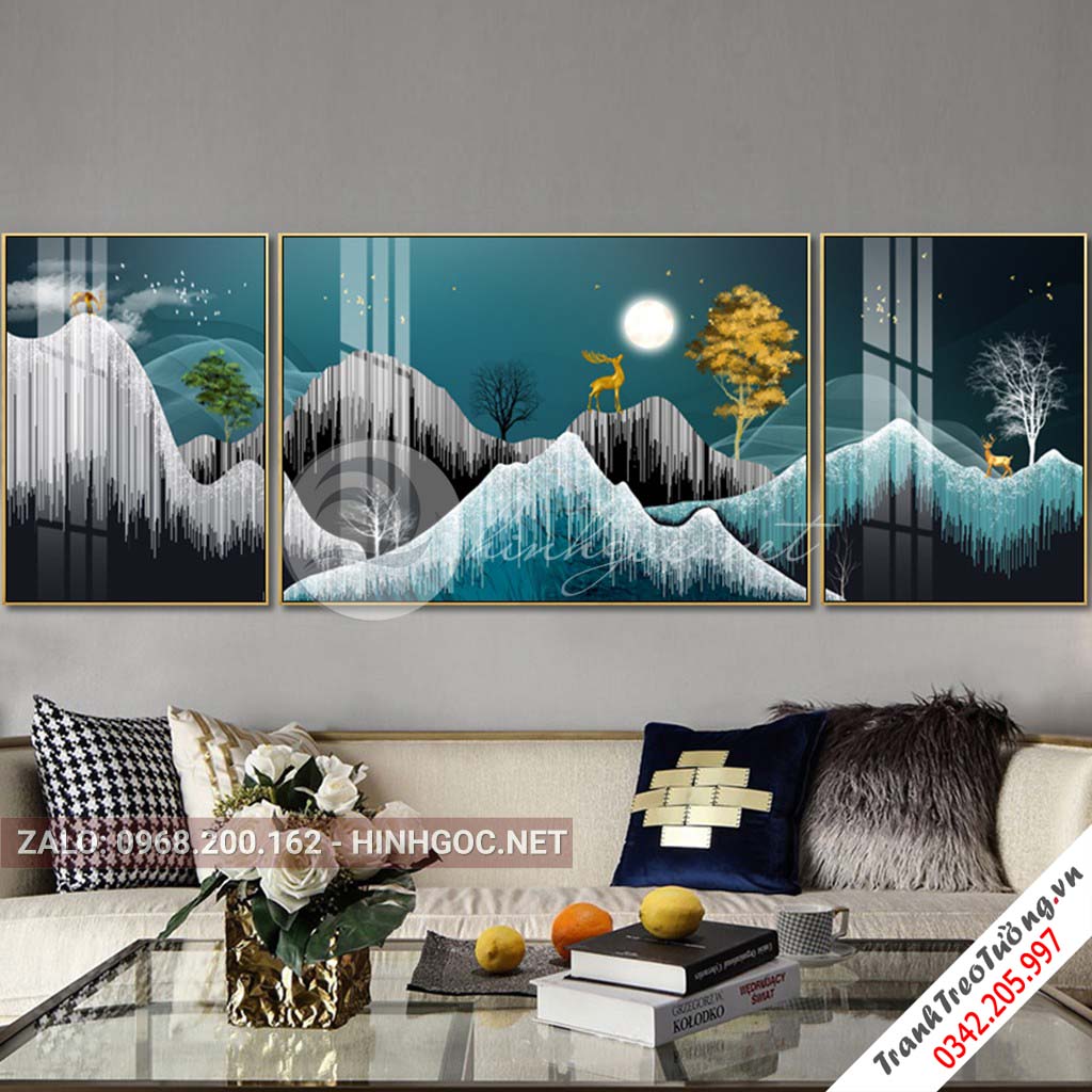 Tranh bộ 3 bức hươu đứng trên dải vân, núi, cây trừu tượng-PLT-S-1088