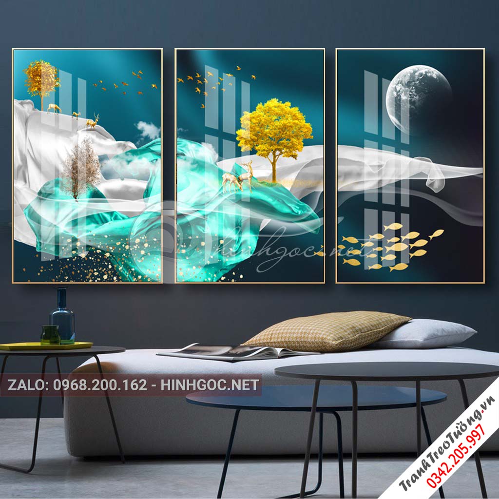 Tranh bộ 3 bức hươu đứng trên dải vân, núi, cây, chim trừu tượng-PLT-S-1092