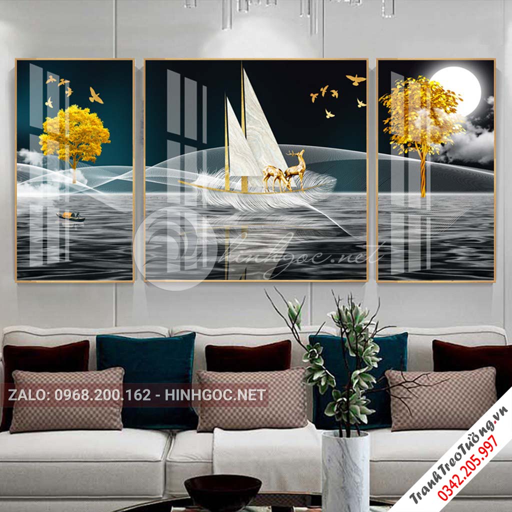 Tranh bộ 3 bức hươu đứng trên lông vũ, núi, thuyền, chim trừu tượng-PLT-S-1093