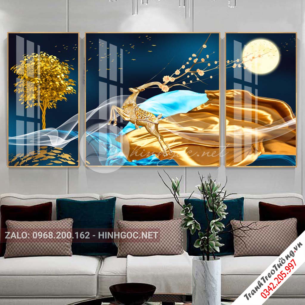 Tranh bộ 3 bức hươu đứng trên dải vân, núi, cây, chim trừu tượng-PLT-S-1095