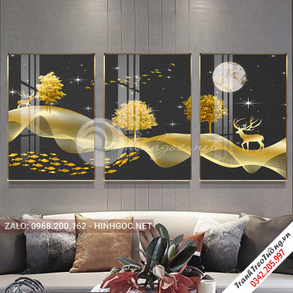 Tranh bộ 3 bức hươu đứng trên dải vân, núi, cây, chim trừu tượng-PLT-S-1096