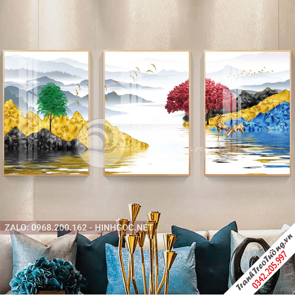 Tranh bộ 3 bức hươu đứng trên núi, cây, chim trừu tượng-PLT-S-1098