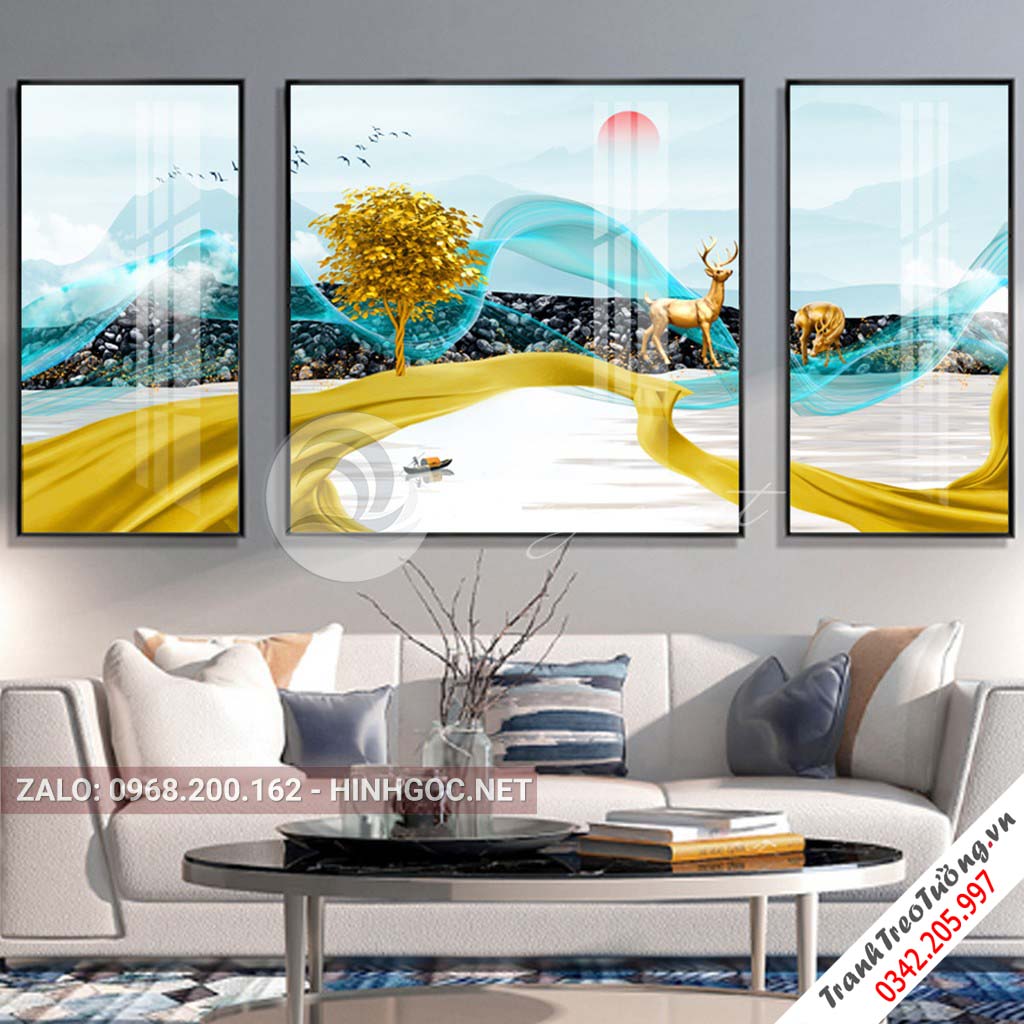 Tranh bộ 3 bức hươu đứng trên dải vân, núi, cây, chim trừu tượng-PLT-S-1099
