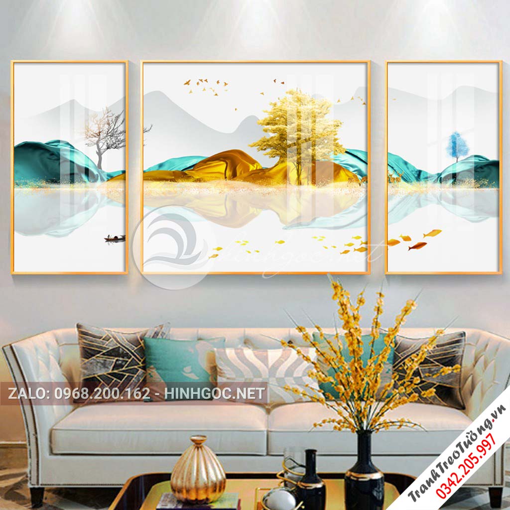Tranh bộ 3 bức hươu đứng trên dải vân, núi, cây, chim trừu tượng-PLT-S-1100