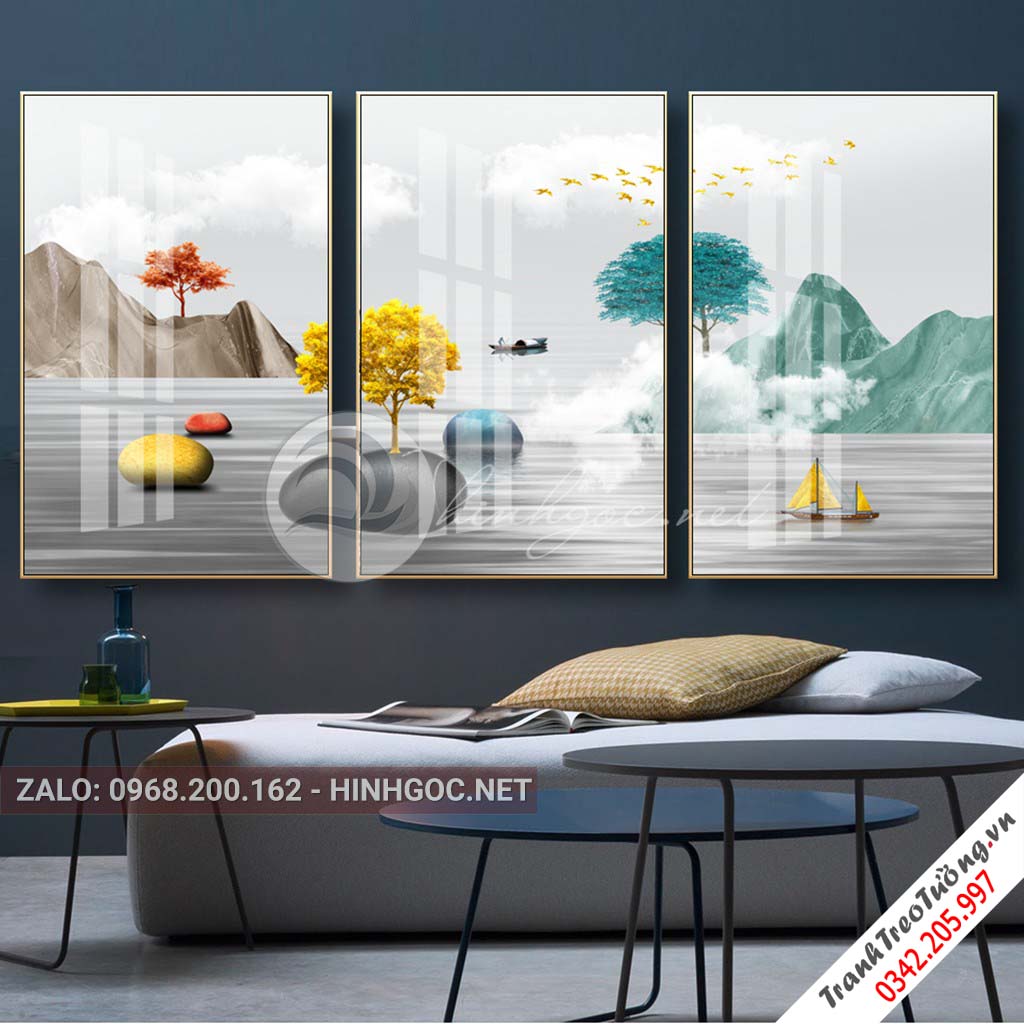 Tranh bộ 3 bức cây tuần lộc mọc trên đá cuội trừu tượng-PLT-S-1107