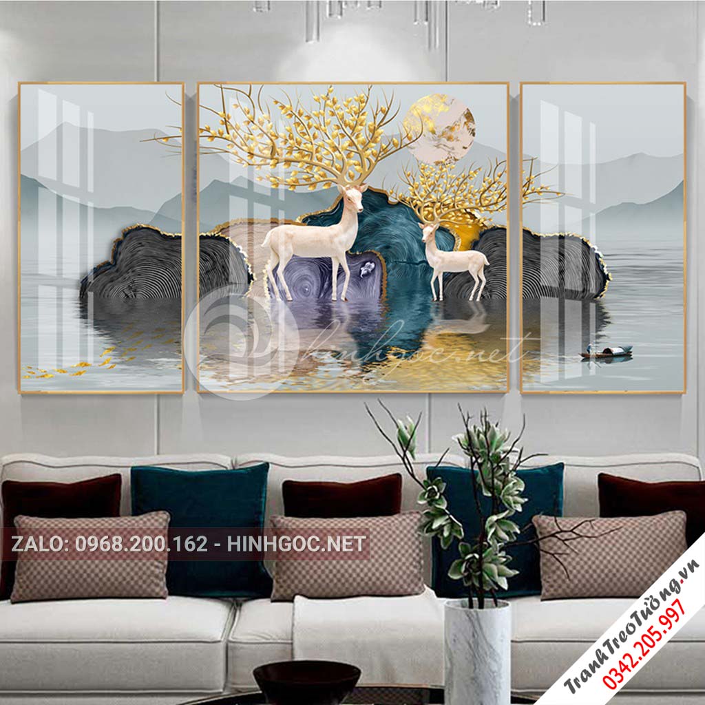 Tranh bộ 3 bức hươu sừng hoa đứng trên sông, hình tròn trừu tượng-PLT-S-1112