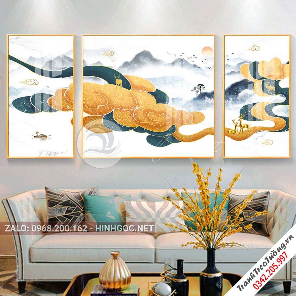 Tranh bộ 3 bức hươu đứng trên dải vân nghệ thuật, trừu tượng-PLT-S-1114