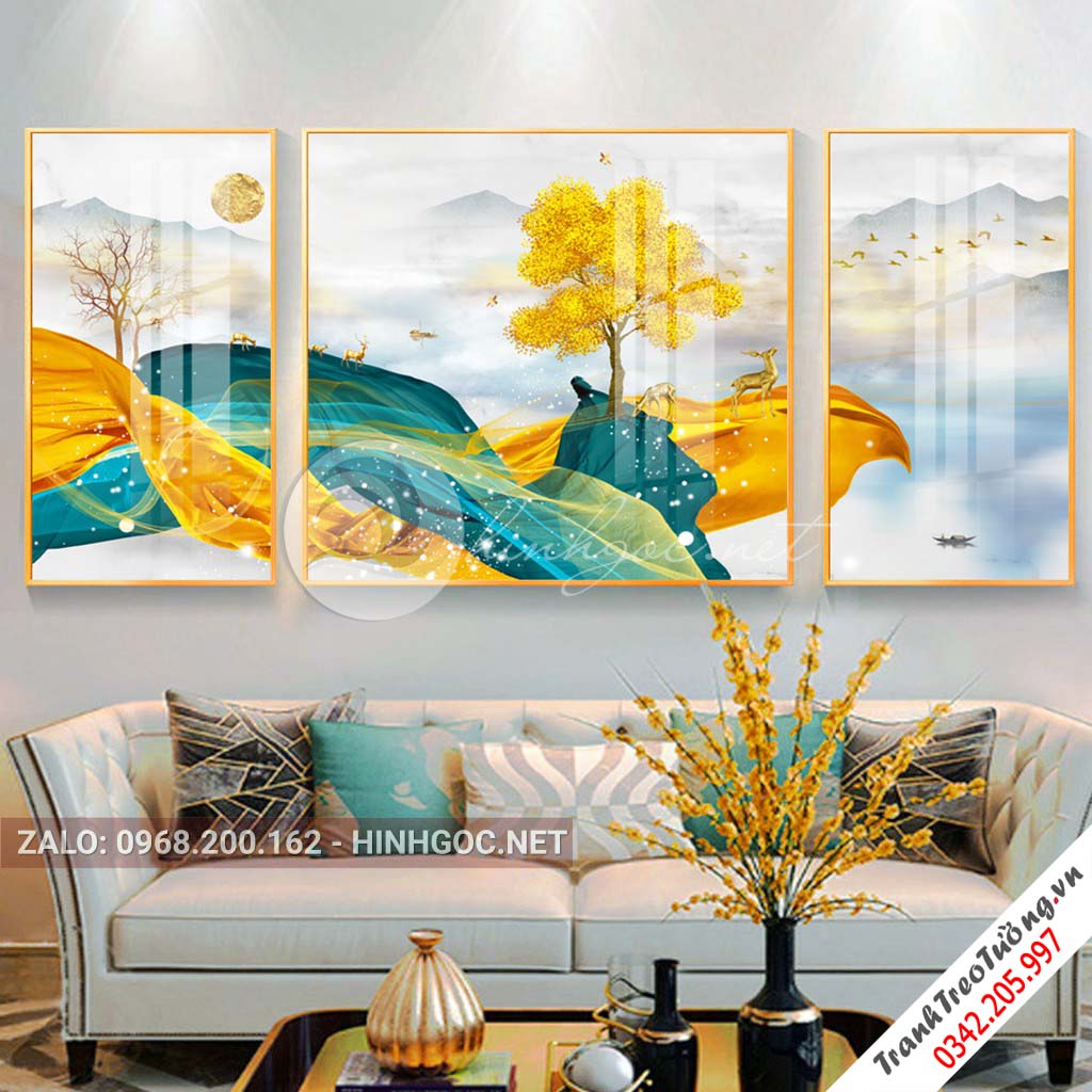 Tranh bộ 3 bức hươu đứng trên dải vân, cây, trừu tượng-PLT-S-1117