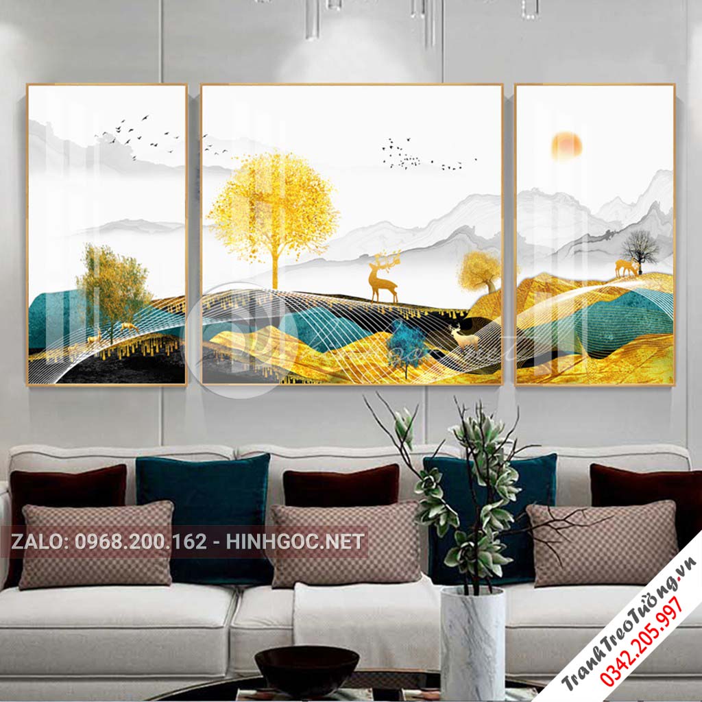 Tranh bộ 3 bức hươu đứng trên dải vân, cây, trừu tượng-PLT-S-1120