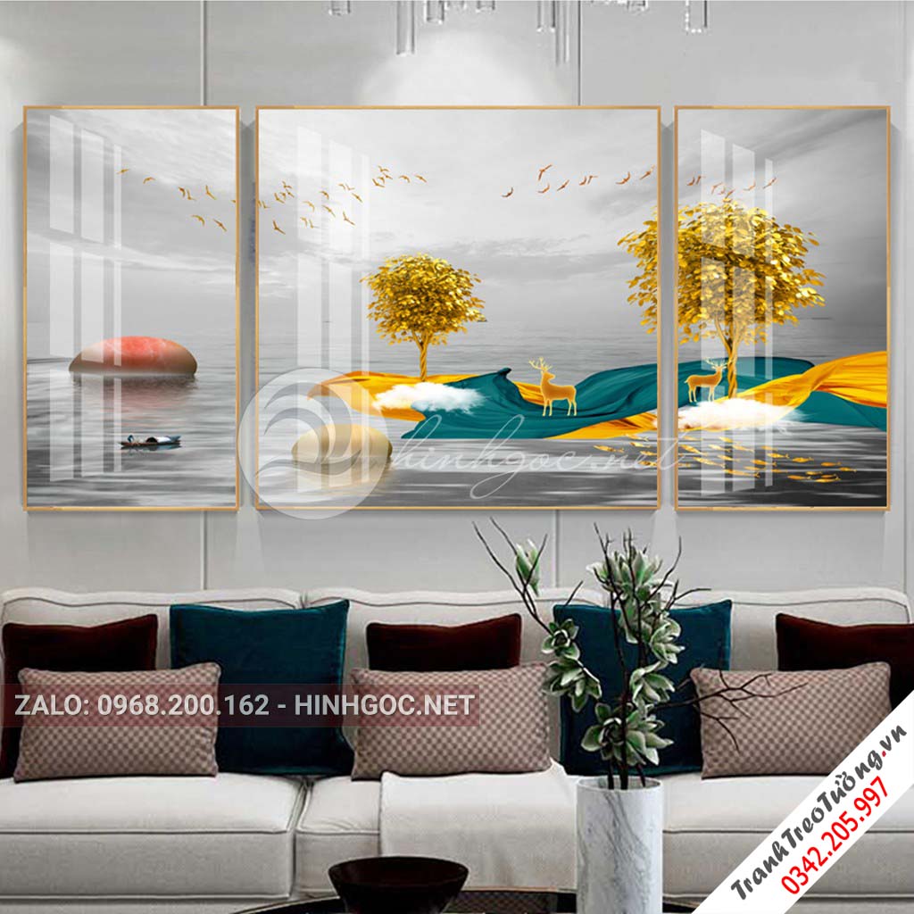 Tranh bộ 3 bức hươu đứng trên dải vân, cây, trừu tượng-PLT-S-1122