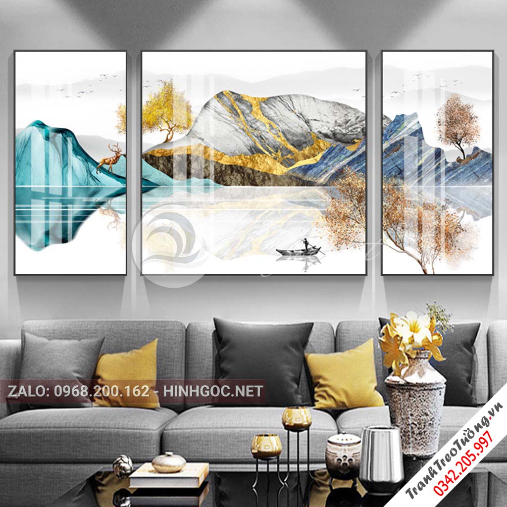 Tranh bộ 3 bức hươu đứng trên dải vân, cây, trừu tượng-PLT-S-1124