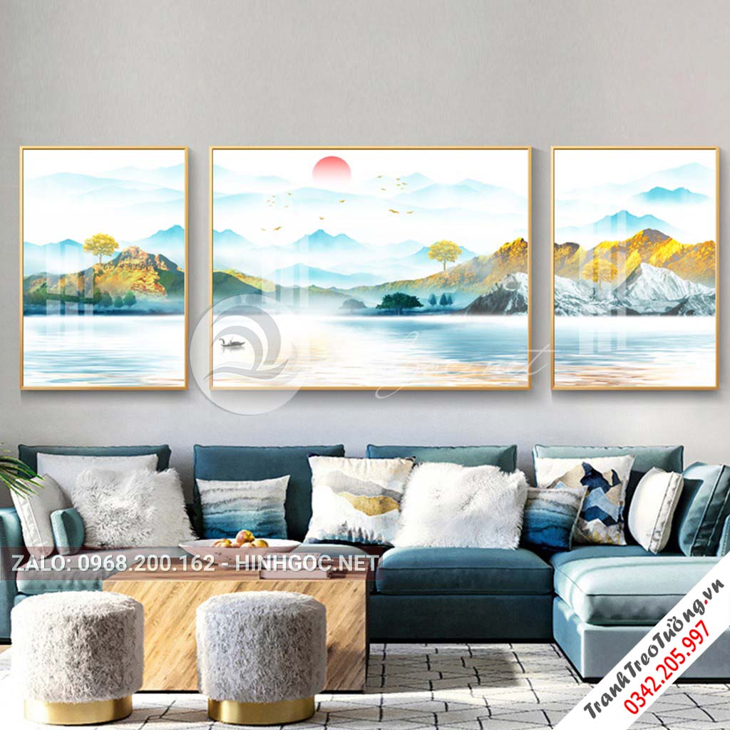 Tranh bộ 3 bức hươu đứng trên dải vân, cây, trừu tượng-PLT-S-1128