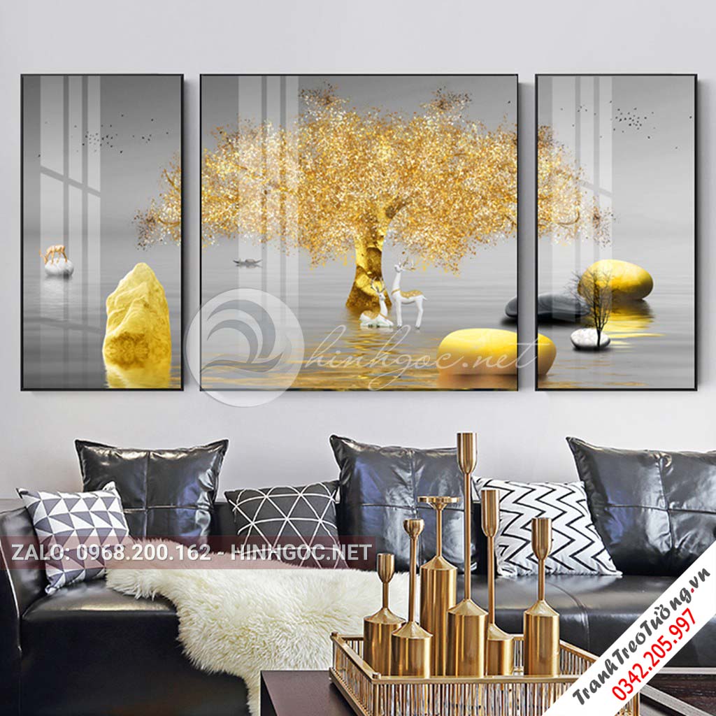 Tranh bộ 3 bức đôi hươu đứng trên đá cuội, sông nước, cây, trừu tượng-PLT-S-1129