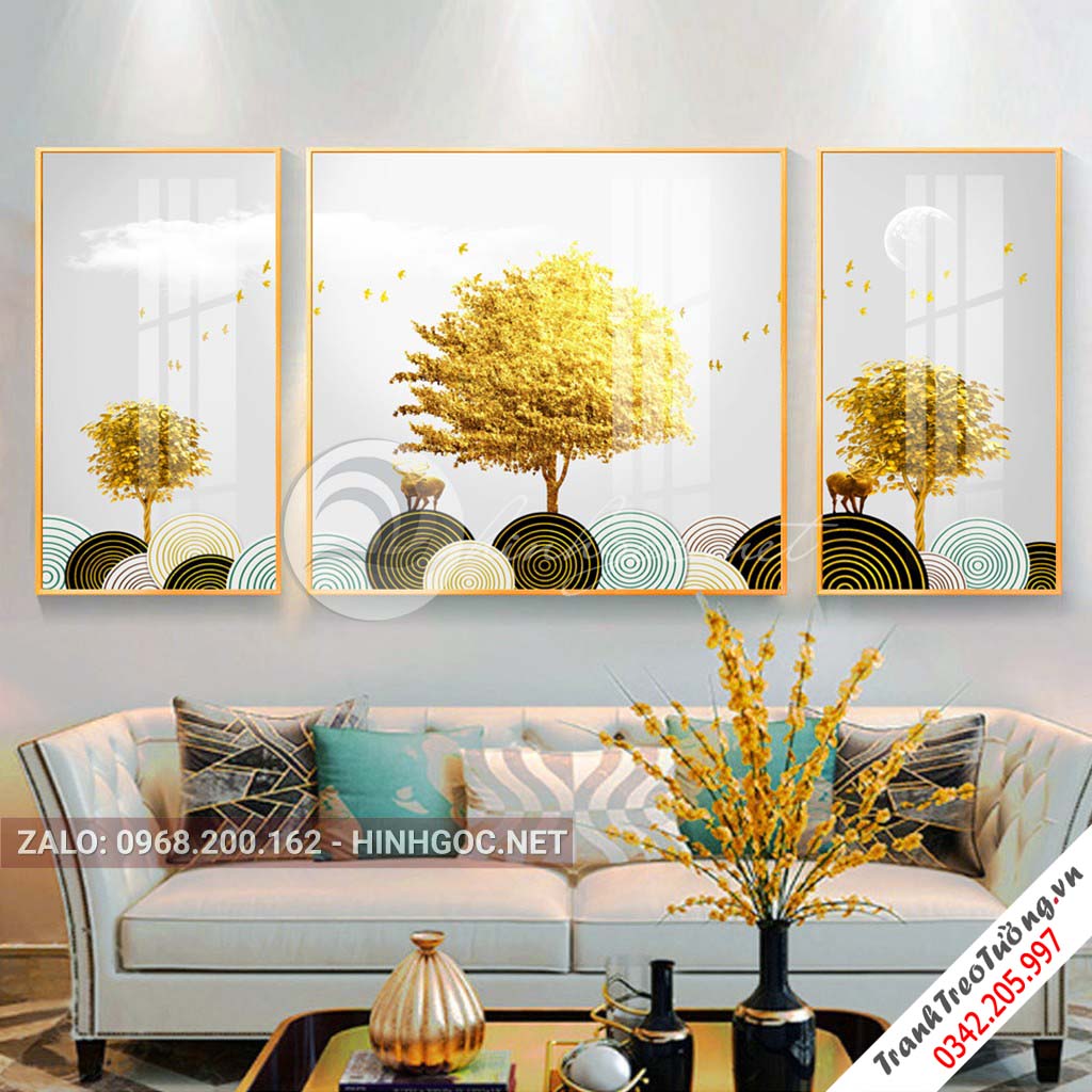 Tranh bộ 3 bức đôi hươu đứng trên đá cuội, sông nước, cây, trừu tượng-PLT-S-1131