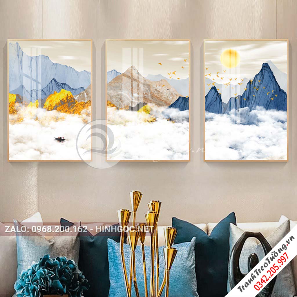 Tranh bộ 3 bức dãy núi trùng điệp, mây, đàn chim, trừu tượng-PLT-S-1132
