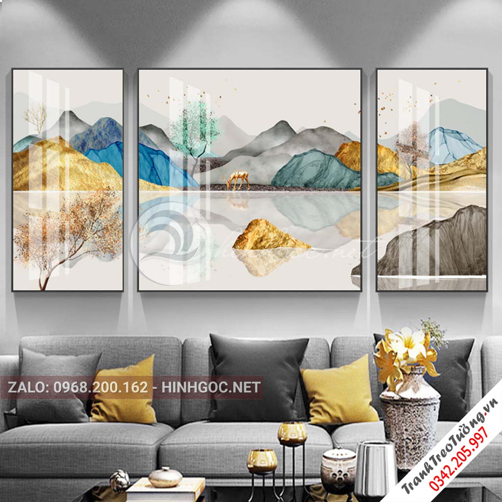 Tranh bộ 3 bức hươu dãy núi, cây mọc trên đá, trừu tượng-PLT-S-1134